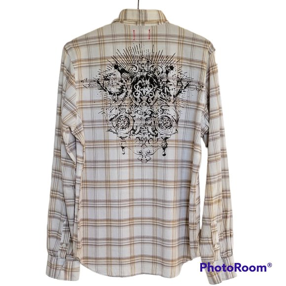 Vintage Red Brand Men's Neutral Button-Down Plaid Shirt with Graphic on Back - Picture 3 of 11